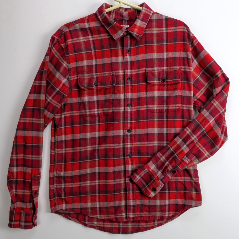 Lucky Brand Men's Medium Red Plaid Flannel Shirt Saturday Stretch Cotton Button